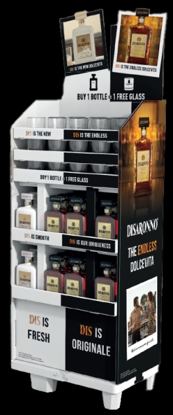 Image sur Display 48 Disaronno 70 cl (36 Originale, 12 Velvet) + 48 Verres Gratuits 25.25° 33.6L